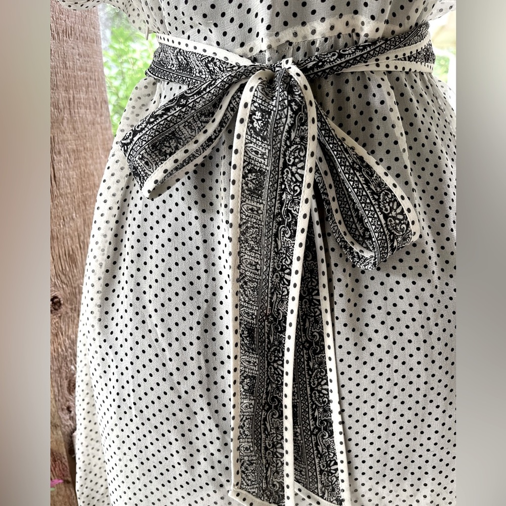 Vintage Adrianna Papell Silk Sheer Ivory & Black Polka Dot Flutter Sleeve Dress - Picture 8 of 12